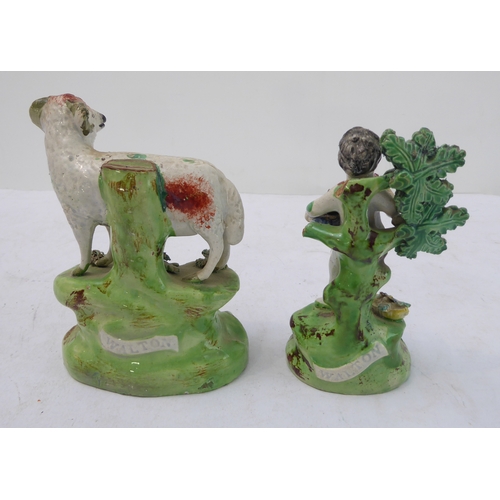 40 - Two early 19th century Walton figures: a ewe and lamb (14 cm high), and a bocage figure of a young b... 