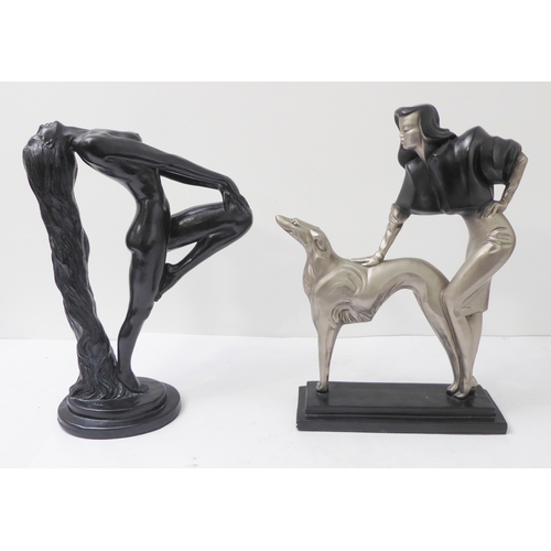 74 - Two Austin Production Inc. ceramic sculptural female figures:
 An Art Deco lady with Borzoi dog on r... 