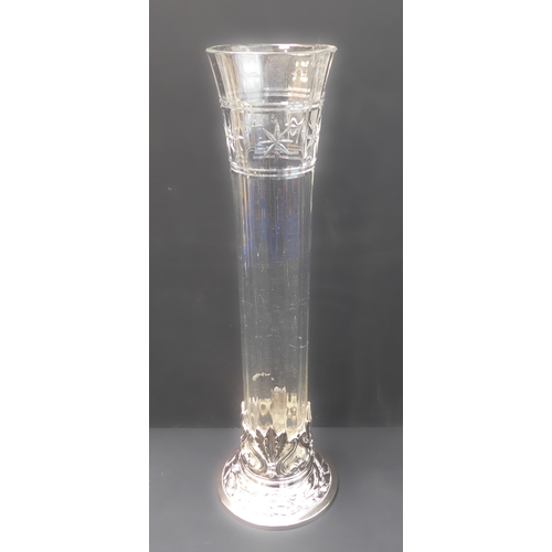 89 - A tall silver-plate-mounted clear-glass vase: slightly tapering cylindrical form, star and vertical ... 