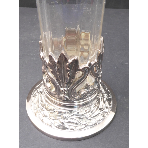 89 - A tall silver-plate-mounted clear-glass vase: slightly tapering cylindrical form, star and vertical ... 