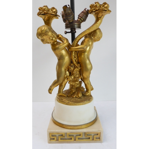 114 - A pair of fine 19th century ormolu table lamps: each modelled as two cherubic-style figures with cor... 
