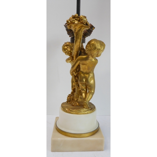 114 - A pair of fine 19th century ormolu table lamps: each modelled as two cherubic-style figures with cor... 