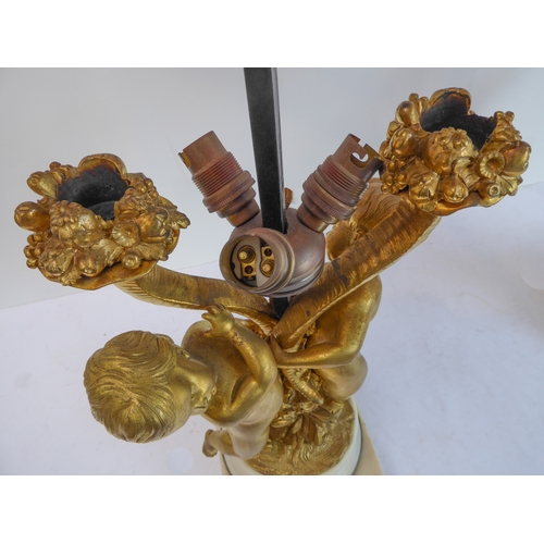 114 - A pair of fine 19th century ormolu table lamps: each modelled as two cherubic-style figures with cor... 