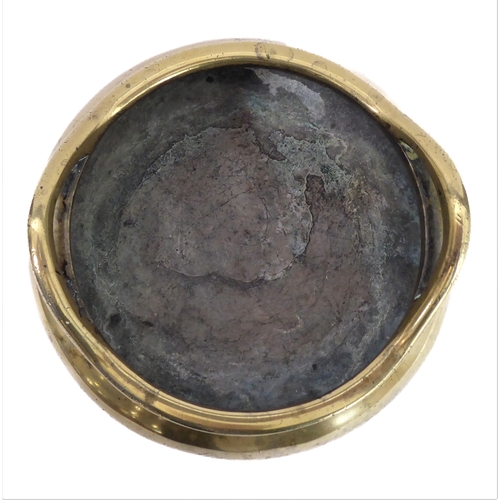 110 - A Chinese polished brass/bronze two-handled tripod censer in 17th century style: six character apocr... 