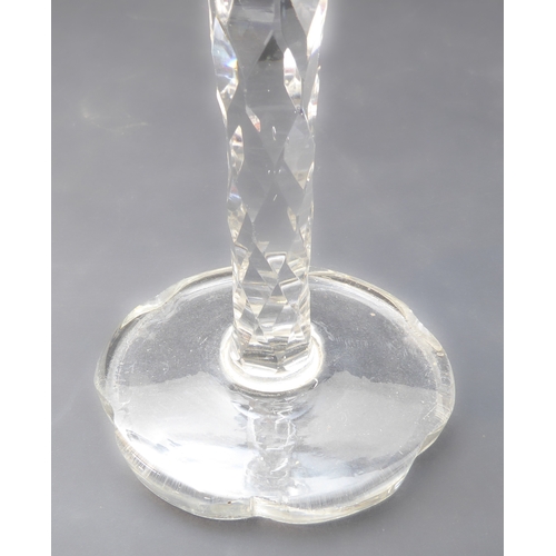 103 - Three 18th century George III handblown glass wine glasses with flared circular and cut ogee shaped ... 