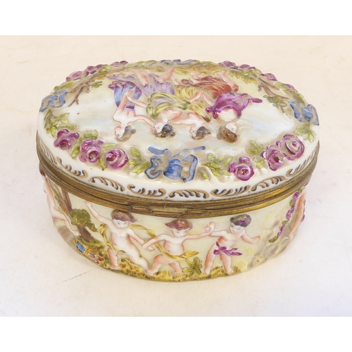 49 - A 19th century Italian Naples porcelain and gilt metal mounted oval casket. The hinged oval top deco... 