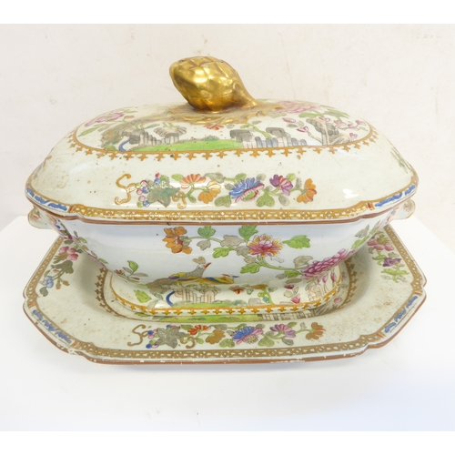 58 - A 19th century Spode stone china oval sauce tureen, rectangular stand and plate (3); Regency Meissen... 