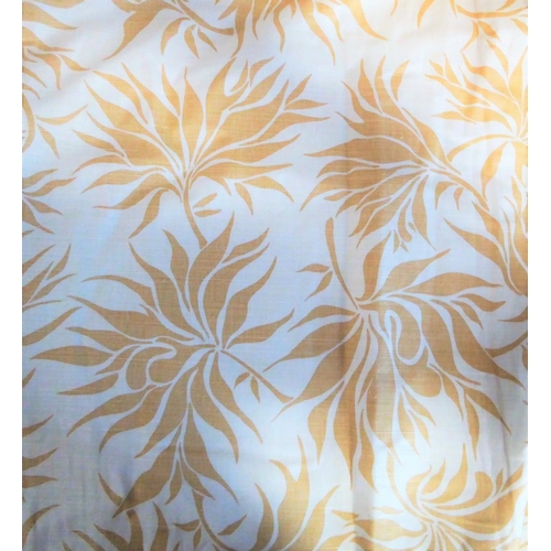 405 - A pair of curtains in a heavy cream linen-effect fabric with gold leaf pattern; triple pinch pleat h... 