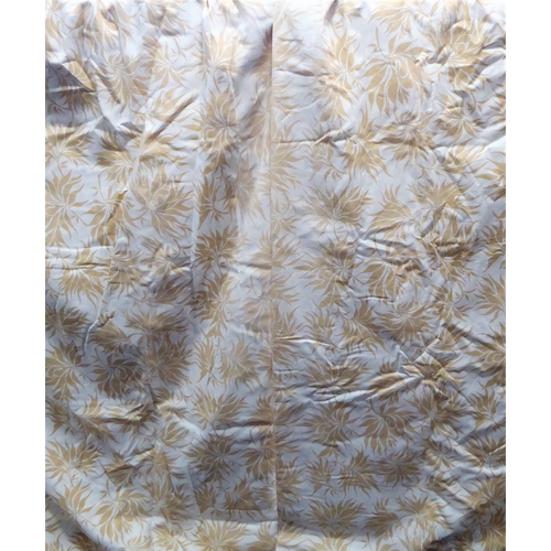 405 - A pair of curtains in a heavy cream linen-effect fabric with gold leaf pattern; triple pinch pleat h... 