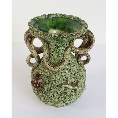 16 - A Bernard Pallisy style two-handled vase decorated with serpents, two lizards and beetles, impressed... 