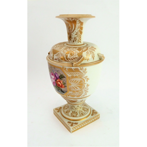 36 - An early 19th century Derby porcelain vase (minus two handles); waisted neck and urn-shaped body han... 