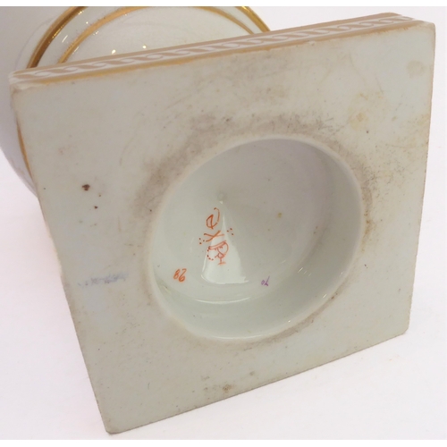 36 - An early 19th century Derby porcelain vase (minus two handles); waisted neck and urn-shaped body han... 