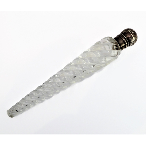 43 - A 19th century spiral clear-glass scent bottle with a hallmarked silver screw-on top (21.5 cm).