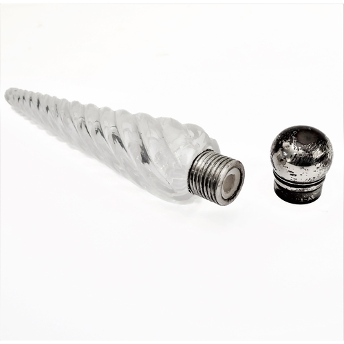 43 - A 19th century spiral clear-glass scent bottle with a hallmarked silver screw-on top (21.5 cm).