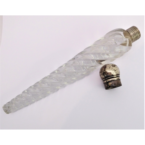 43 - A 19th century spiral clear-glass scent bottle with a hallmarked silver screw-on top (21.5 cm).