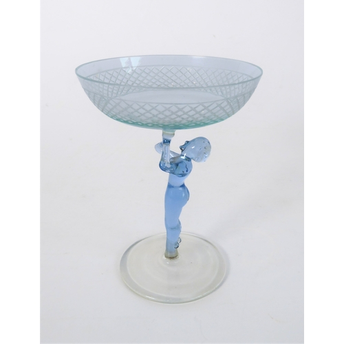 45 - A set of five small hand-blown German champagne glasses with female 'form' stems, circa 1950s (one g... 