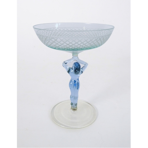 45 - A set of five small hand-blown German champagne glasses with female 'form' stems, circa 1950s (one g... 