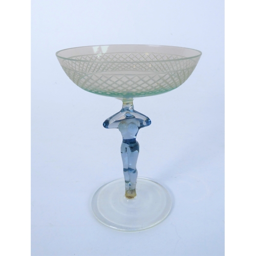 45 - A set of five small hand-blown German champagne glasses with female 'form' stems, circa 1950s (one g... 