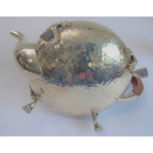 103 - A good hand-planished, hallmarked silver three-piece Arts and Crafts tea service to comprise: 
 a te... 