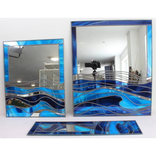 Three modern leaded light wallhanging mirrors with varying shades of