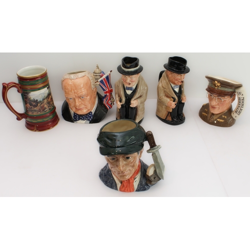 4 - Five character jugs and a tankard:
 2 x Winston Churchill (Royal Doulton);
 Winston Churchill (Royal... 