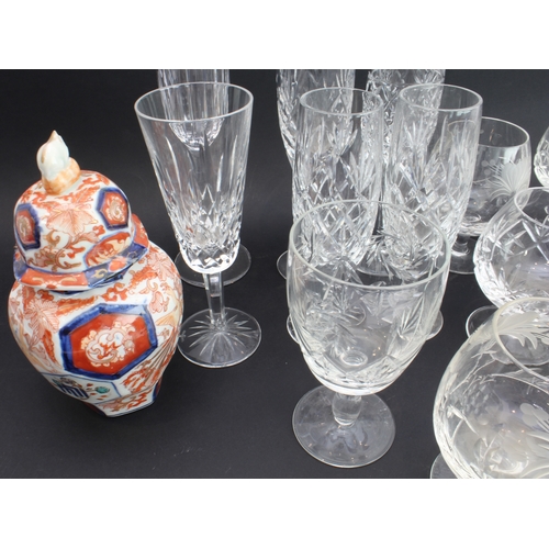47 - A mixed lot to include:
 a set of six cut-glass champagne saucers;
 six assorted champagne flutes;
 ... 