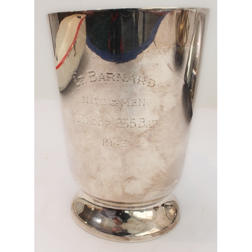 97 - Silver plate to include:
 a modern Robert Welch shaped fruit bowl; 
 a presentation tankard engraved... 