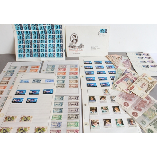 146 - A collection of stamps and 12 banknotes:
 1. a sheet of 60 stamps Robert Burns 4d stamps and a 1966 ... 