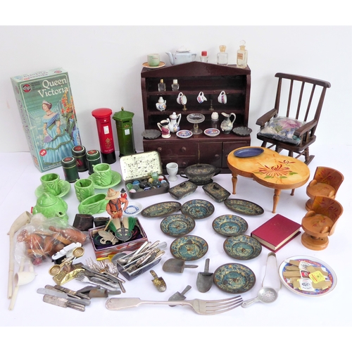 147 - An assortment of mostly miniature toys:
 handmade doll's house furniture - dresser, rocking chair wi... 