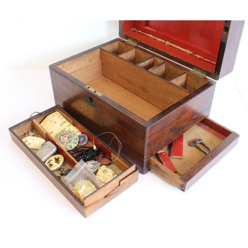 163 - A mid-19th century rosewood work-box and its contents to include:
 a 19th century hallmarked silver ... 