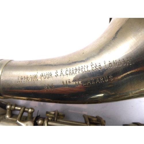 168 - A Buffet Crampon (Paris) basset horn: both hardwood sections with maker's gilt stamp and the bell so... 