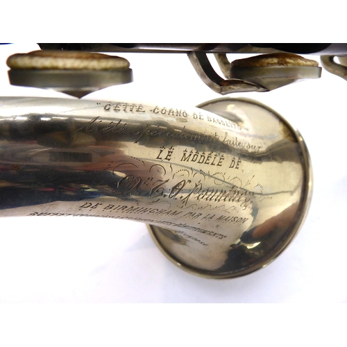 168 - A Buffet Crampon (Paris) basset horn: both hardwood sections with maker's gilt stamp and the bell so... 