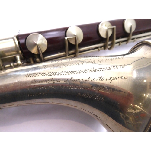 168 - A Buffet Crampon (Paris) basset horn: both hardwood sections with maker's gilt stamp and the bell so... 