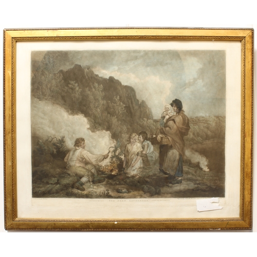 258 - After George Morland - 'The Fern Gatherers', hand-coloured 18th century mezzotint (48 x 47 cm). Glaz... 