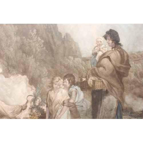 258 - After George Morland - 'The Fern Gatherers', hand-coloured 18th century mezzotint (48 x 47 cm). Glaz... 