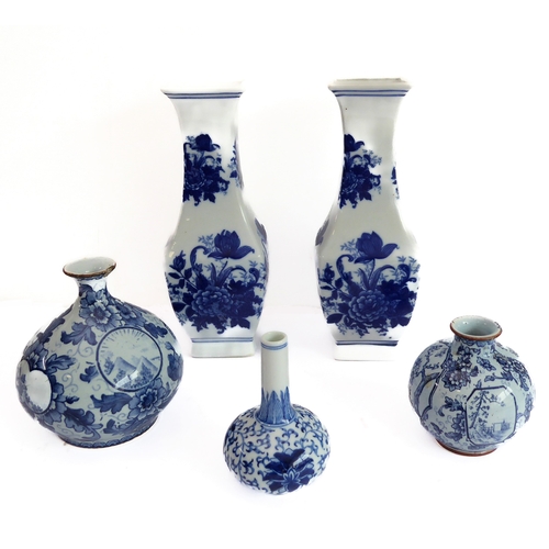 26 - Five blue and white ceramics:
 1. a pair of waisted square porcelain vases decorated with peony and ... 