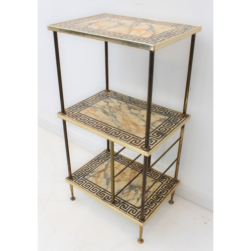 354 - A set of mid-20th century brass and faux-marble shelves with Greek key-fret style borders (LWH 40 x ... 
