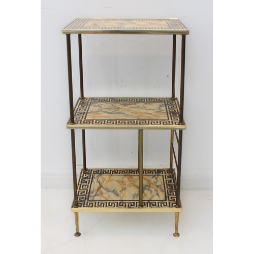 354 - A set of mid-20th century brass and faux-marble shelves with Greek key-fret style borders (LWH 40 x ... 