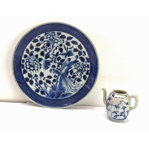 4 - Two pieces:
 1. a 19th century Chinese blue-and-white porcelain charger decorated with exotic birds ... 
