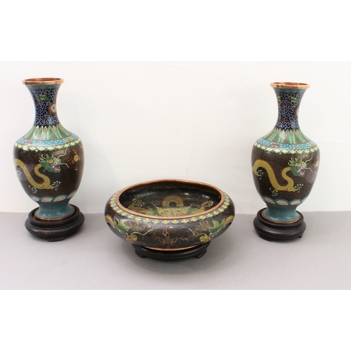55 - Three cloisonné decorated Chinese pieces:
 1. a late 19th to early 20th century Chinese bowl of squa... 