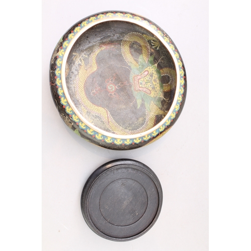 55 - Three cloisonné decorated Chinese pieces:
 1. a late 19th to early 20th century Chinese bowl of squa... 