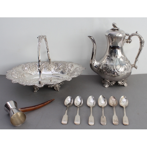 56 - A set of six 19th century hallmarked silver teaspoons (123 g) and three pieces of silver plate compr... 