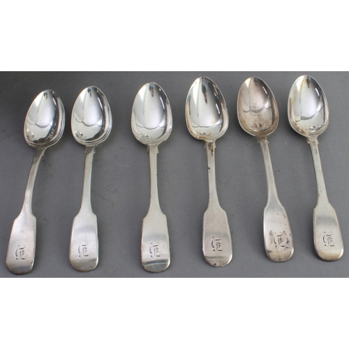 56 - A set of six 19th century hallmarked silver teaspoons (123 g) and three pieces of silver plate compr... 