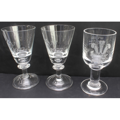 41 - An assortment of glassware to include:
 1. five large and heavy royal commemorative engraved conical... 