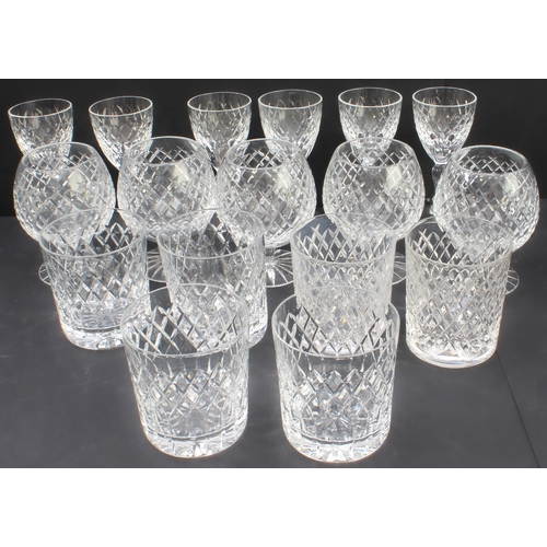 43 - Fine drinking glasses to include:
 1.  a set of six diamond-cut tumblers, five brandy balloons and s... 