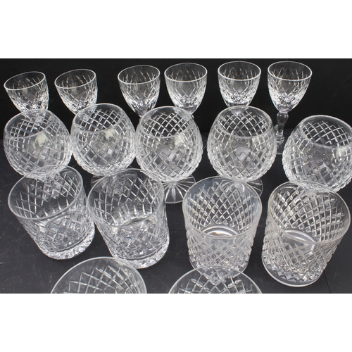 43 - Fine drinking glasses to include:
 1.  a set of six diamond-cut tumblers, five brandy balloons and s... 