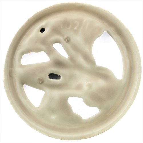 14 - A circular Clarice Cliff Pottery potpourri: the pierced lid modelled as a bluebird in flight, printe... 