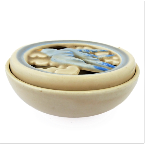 14 - A circular Clarice Cliff Pottery potpourri: the pierced lid modelled as a bluebird in flight, printe... 