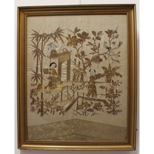 169 - A 19th century Chinese gold-thread needlework: female figure with a fan and butterfly overhead, male... 