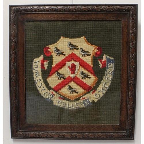 176 - An early 20th century gros point needlework of the arms of Worcester College, Oxford (47 x 43 cm). (... 